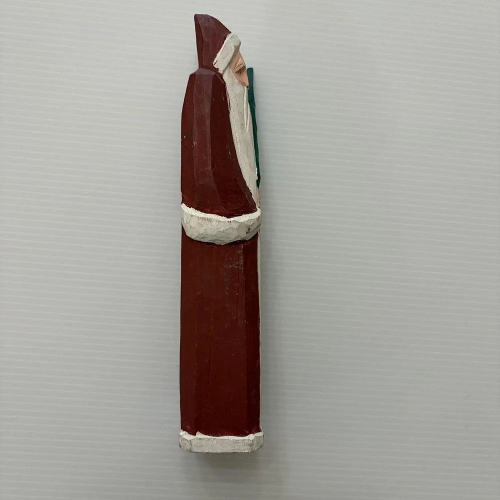 Folk Art Hand Carved Wood Santa Claus Holding Christmas Tree Primitive Rustic